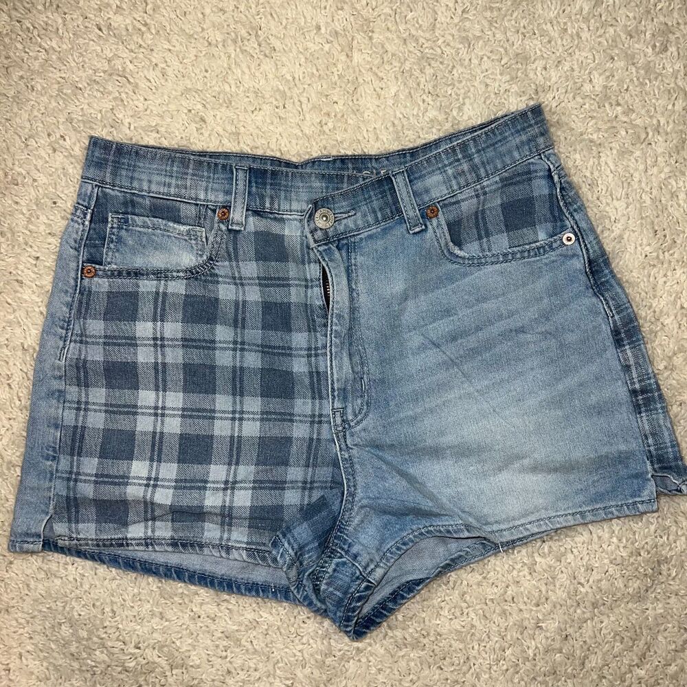 American Eagle Highest Rise Mom Shorts Plaid Denim Shorts 8 blue light